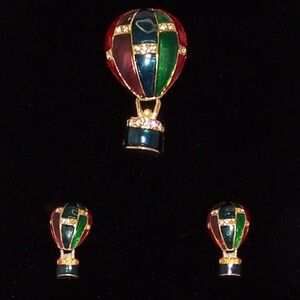VTG - Enamel, Rhinestone Hot Balloon Brooch and Matching Earrings.